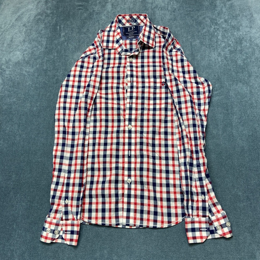 Louis Philippe Shirt Mens 39 Navy Blue Red Check Long Sleeve Button Up Slim Fit